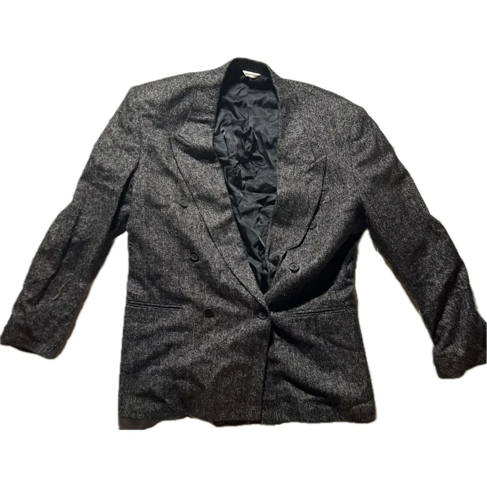 Cellini Collection Mens 100% Silk Herringbone Double Breasted‎ Blazer Grey Black